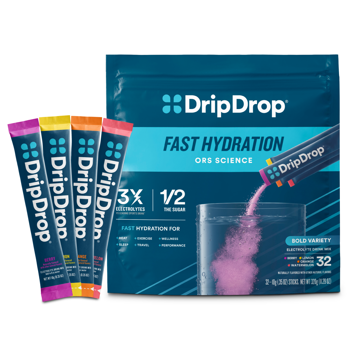 DripDrop Single Serve Electrolytes Powder Drink Mix 32 Sticks