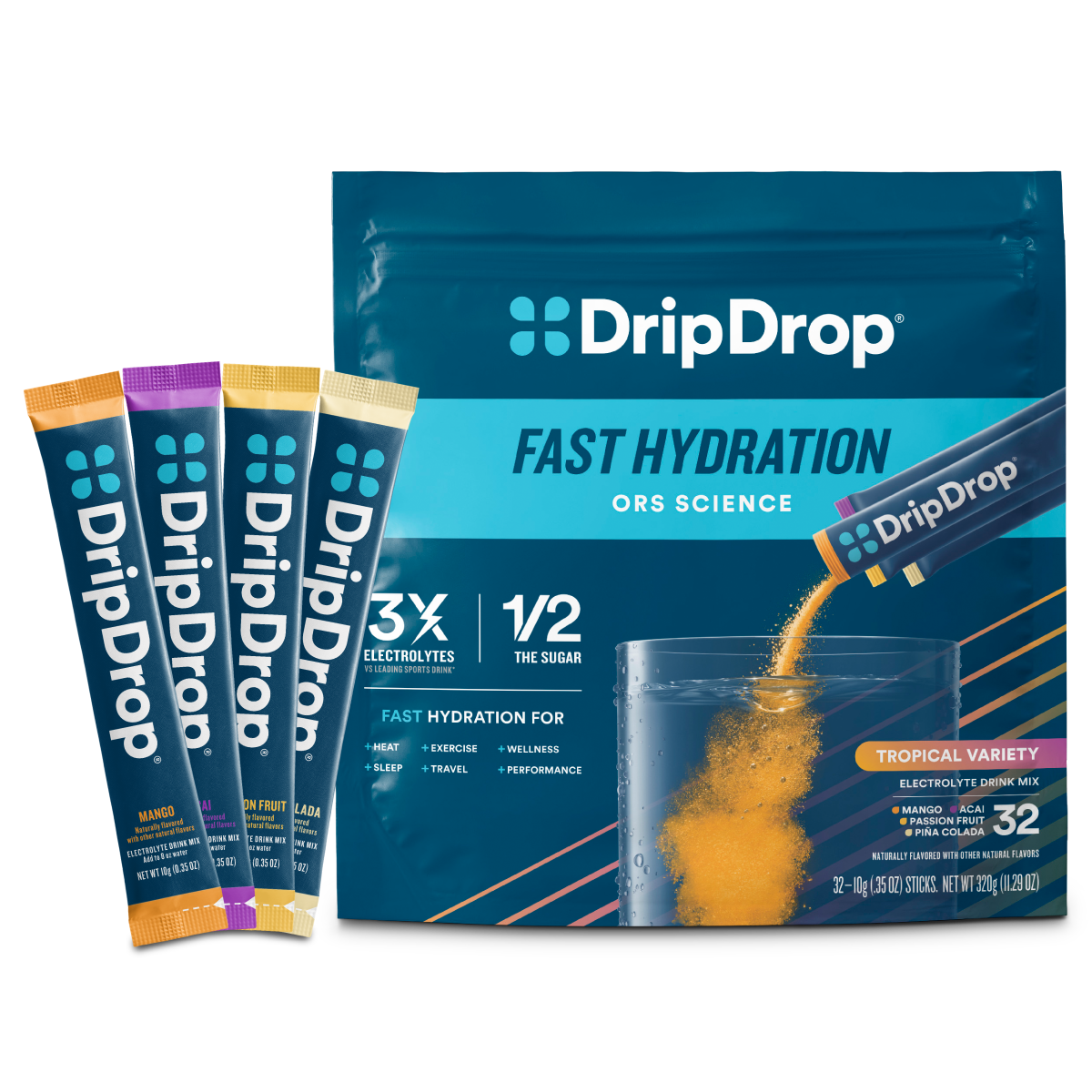 DripDrop Single Serve Electrolytes Powder Drink Mix 32 Sticks