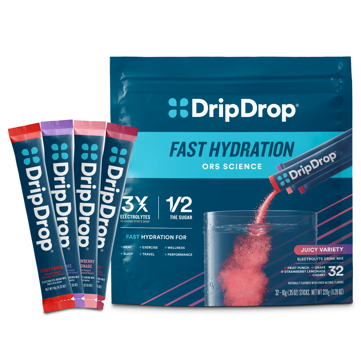 DripDrop Single Serve Electrolytes Powder Drink Mix 32 Sticks