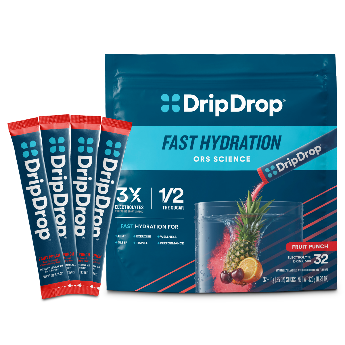DripDrop Single Serve Electrolytes Powder Drink Mix 32 Sticks